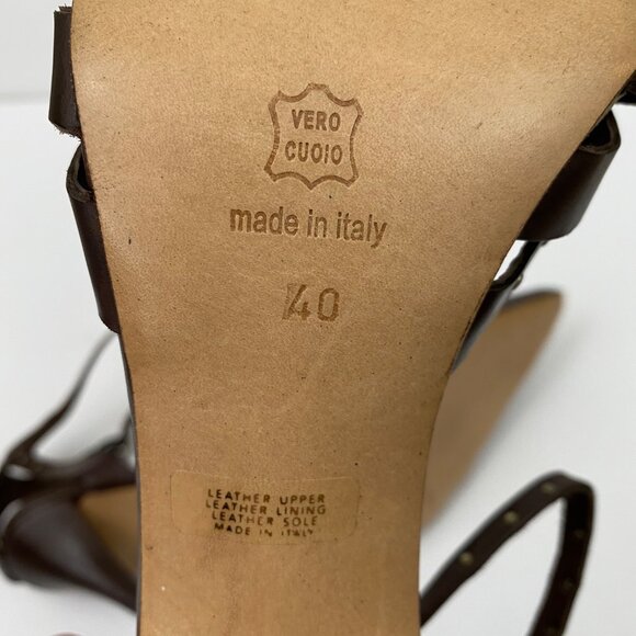 Charles David Brown Leather Studded Pointed Toe High Heels Ankle Strap Size 40 - Picture 9 of 10